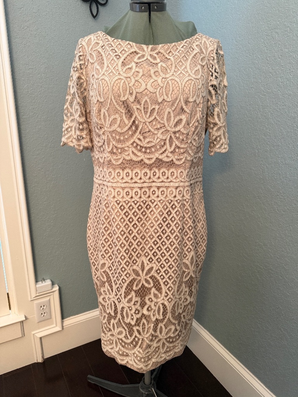 Eliza J Cream Lace Midi Dress with Short Sleeves